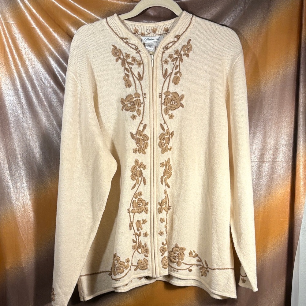 Coldwater Creek 3x‎ Beige Cardigan with Brown Floral Design 100% lambs wool 151